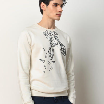 Rare Rabbit Mens Oakk Off White Full Sleeves Crew Neck Graphic Logo Print Sweatshirt