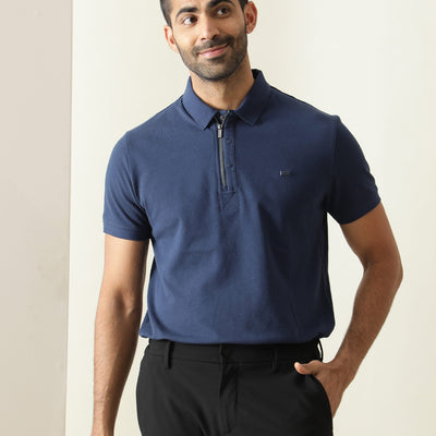 Rare Rabbit Men's Silas Blue Cotton Fabric Snap Button And Zipper Closure Collared Neck Half Sleeve Polo T-Shirt