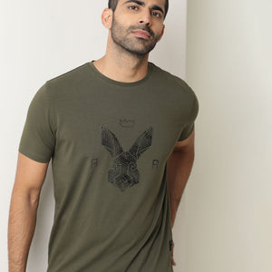 Rare Rabbit Men's Stud Olive Cotton Fabric Crew Neck Half Sleeves Regular Fit Graphic Printed Logo T-Shirt