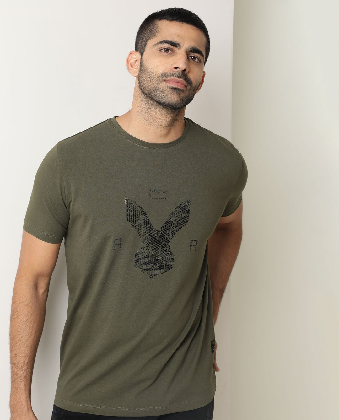 Rare Rabbit Men's Stud Olive Cotton Fabric Crew Neck Half Sleeves Regular Fit Graphic Printed Logo T-Shirt