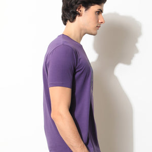 Rare Rabbit Men's Fulton Purple Crew Neck Abstract Graphic Print With Branding Half Sleeves Regular Fit T-Shirt