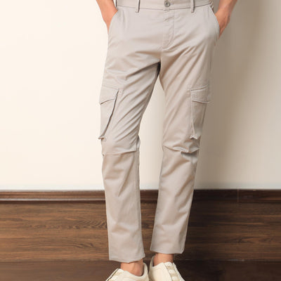 Rare Rabbit Men's Celu Grey Solid Mid-Rise Cargo Style Slim-Fit Trouser