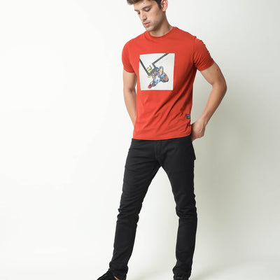 Rare Rabbit Mens Chak Rust T-Shirt Cotton Fabric Slim Fit Crew Neck Short Sleeve