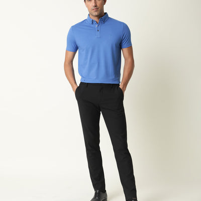 Rare Rabbit Men's Sailor-2 Blue Cotton Fabric Collared Neck Half Sleeves Self Stripe Polo T-Shirt