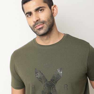 Rare Rabbit Men's Stud Olive Cotton Fabric Crew Neck Half Sleeves Regular Fit Graphic Printed Logo T-Shirt