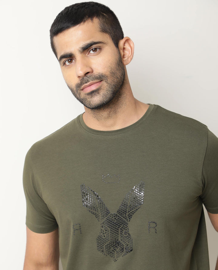 Rare Rabbit Men's Stud Olive Cotton Fabric Crew Neck Half Sleeves Regular Fit Graphic Printed Logo T-Shirt