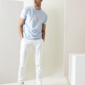 Rare Rabbit Men's Seal Pastel Blue Cotton Lycra Fabric Crew Neck Half Sleeves Regular Fit Foil HD Print T-Shirt