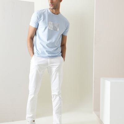 Rare Rabbit Men's Seal Pastel Blue Cotton Lycra Fabric Crew Neck Half Sleeves Regular Fit Foil HD Print T-Shirt