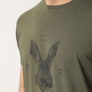 Rare Rabbit Men's Stud Olive Cotton Fabric Crew Neck Half Sleeves Regular Fit Graphic Printed Logo T-Shirt