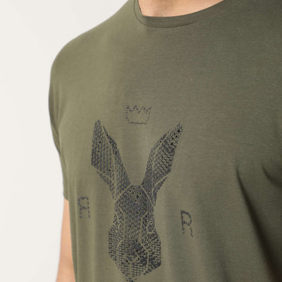 Rare Rabbit Men's Stud Olive Cotton Fabric Crew Neck Half Sleeves Regular Fit Graphic Printed Logo T-Shirt