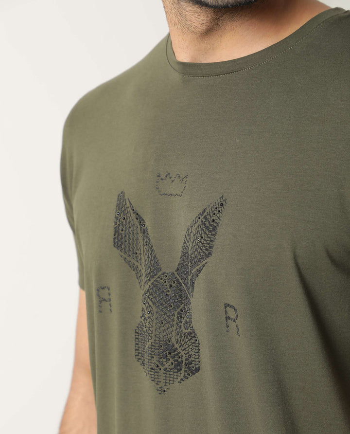 Rare Rabbit Men's Stud Olive Cotton Fabric Crew Neck Half Sleeves Regular Fit Graphic Printed Logo T-Shirt