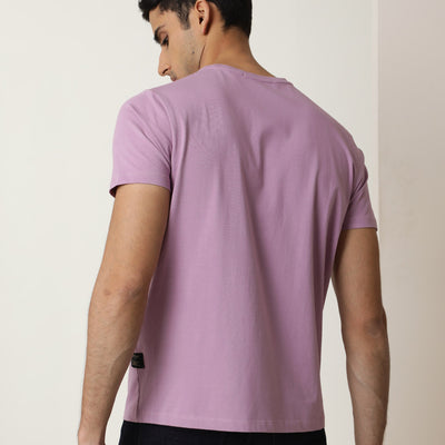 Rare Rabbit Men's Milton Pink Cotton Lycra Fabric Crew Neck Half Sleeves Regular Fit Graphic Print Branding And Logo T-Shirt