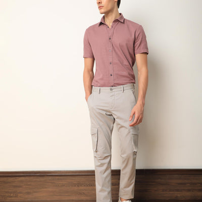 Rare Rabbit Men's Celu Grey Solid Mid-Rise Cargo Style Slim-Fit Trouser