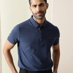 Rare Rabbit Men's Silas Blue Cotton Fabric Snap Button And Zipper Closure Collared Neck Half Sleeve Polo T-Shirt
