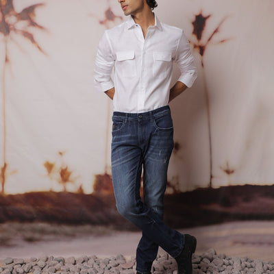 Rare Rabbit Men's Safa White Cotton Lyocell Fabric Full Sleeves Solid Shirt