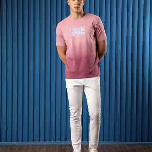 Rare Rabbit Men's Albury Pink Cotton Lycra Fabric Crew Neck Half Sleeves Regular Fit Graphic Print Branding Ombre T-Shirt