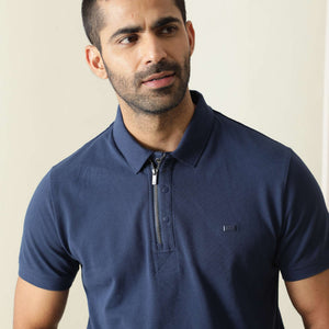 Rare Rabbit Men's Silas Blue Cotton Fabric Snap Button And Zipper Closure Collared Neck Half Sleeve Polo T-Shirt