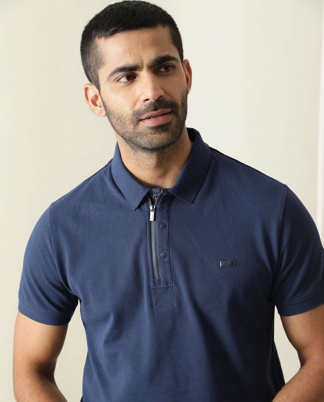 Rare Rabbit Men's Silas Blue Cotton Fabric Snap Button And Zipper Closure Collared Neck Half Sleeve Polo T-Shirt