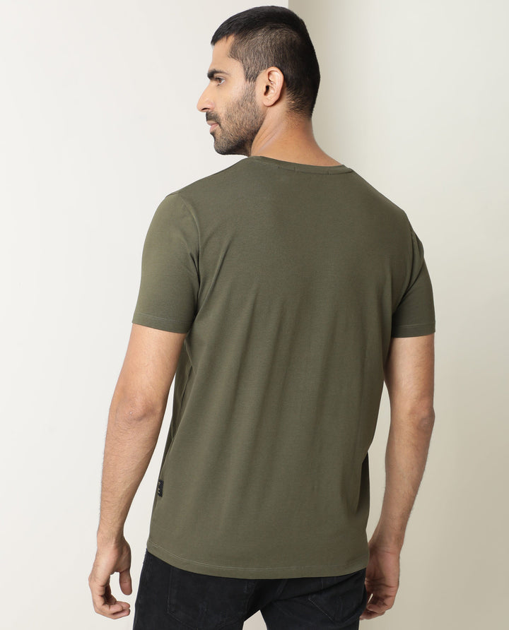 Rare Rabbit Men's Stud Olive Cotton Fabric Crew Neck Half Sleeves Regular Fit Graphic Printed Logo T-Shirt