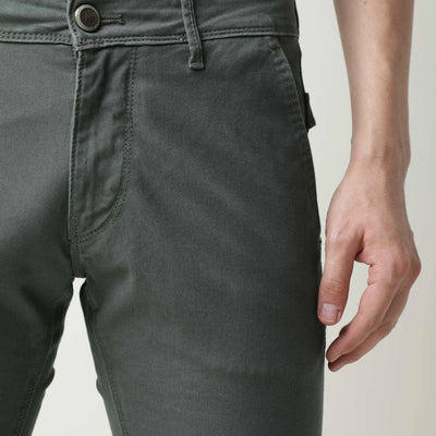 Rare Rabbit Men'S'S Saho Olive Jeans Pant Cotton Lycra Fabric Slim Fit Mid-Rise Waist Zipper Closure