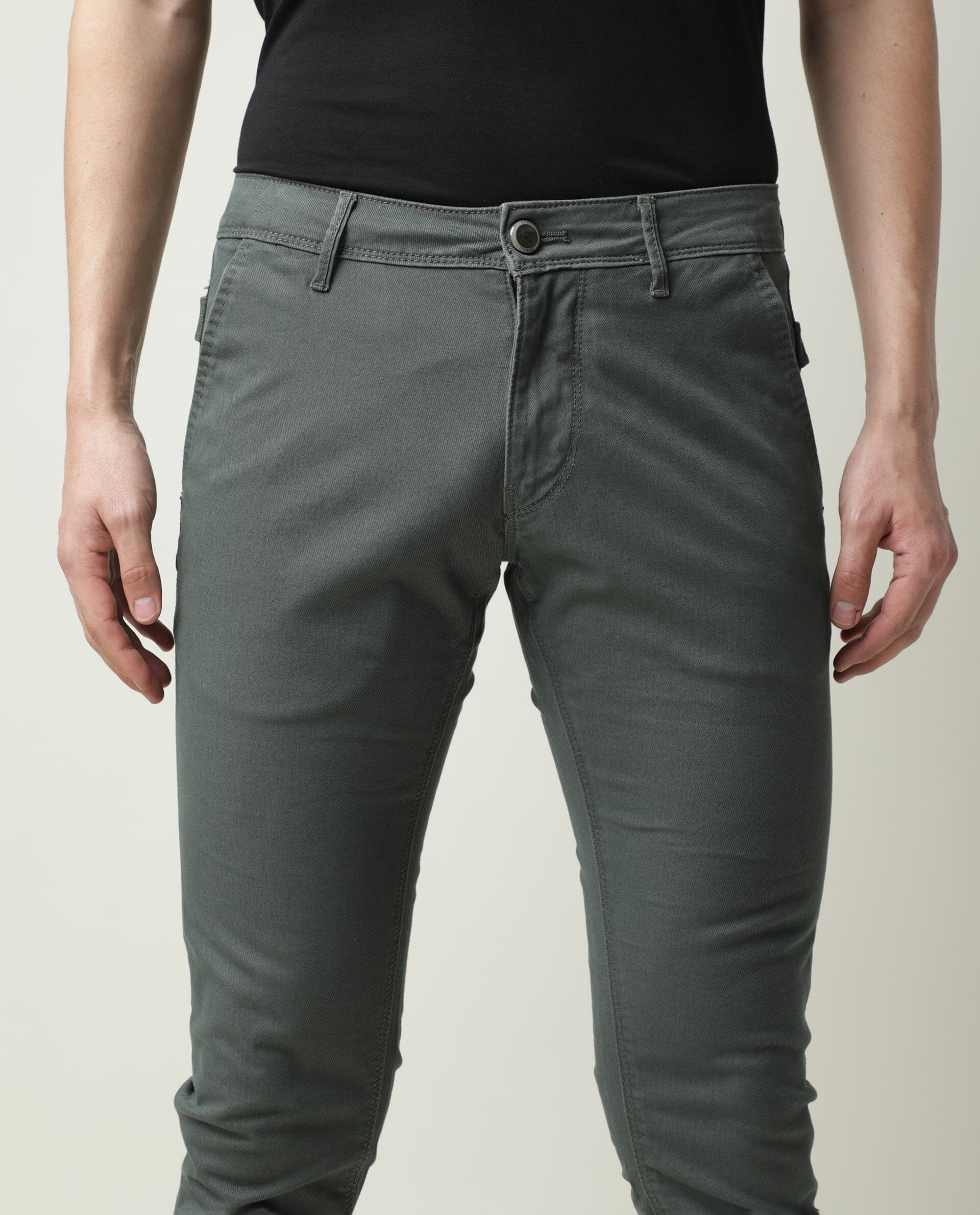 Rare Rabbit Men'S'S Saho Olive Jeans Pant Cotton Lycra Fabric Slim Fit Mid-Rise Waist Zipper Closure