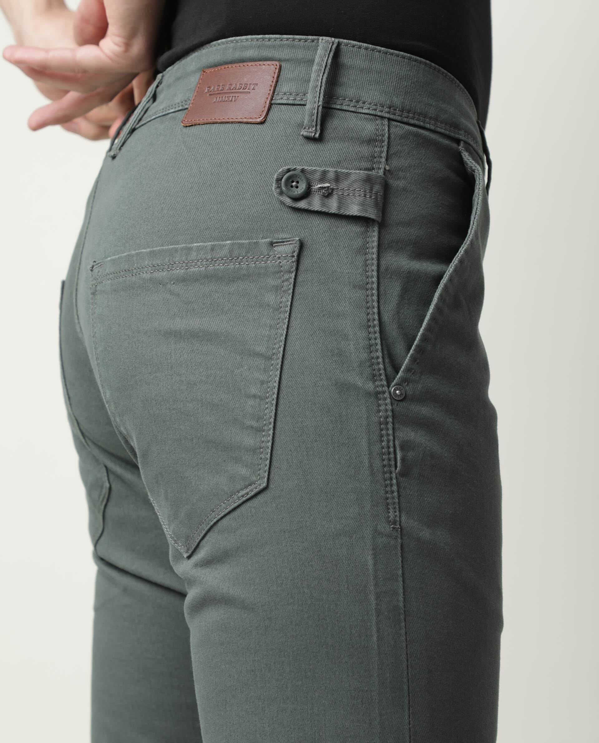 Rare Rabbit Men'S'S Saho Olive Jeans Pant Cotton Lycra Fabric Slim Fit Mid-Rise Waist Zipper Closure