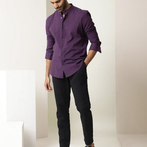 Rare Rabbit Men's Crinckle Purple Cotton Fabric Mandarin Collar Full Sleeves Solid Shirt