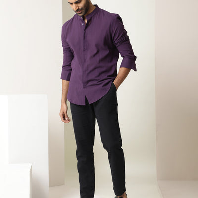 Rare Rabbit Men's Crinckle Purple Cotton Fabric Mandarin Collar Full Sleeves Solid Shirt