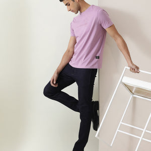 Rare Rabbit Men's Milton Pink Cotton Lycra Fabric Crew Neck Half Sleeves Regular Fit Graphic Print Branding And Logo T-Shirt