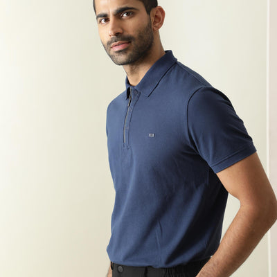 Rare Rabbit Men's Silas Blue Cotton Fabric Snap Button And Zipper Closure Collared Neck Half Sleeve Polo T-Shirt