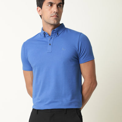 Rare Rabbit Men's Sailor-2 Blue Cotton Fabric Collared Neck Half Sleeves Self Stripe Polo T-Shirt