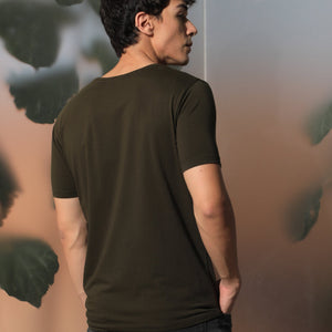 Rare Rabbit Men's Royd Olive Cotton Lycra Fabric Crew Neck Half Sleeves Regular Fit Graphic Print Branding and Logo T-Shirt