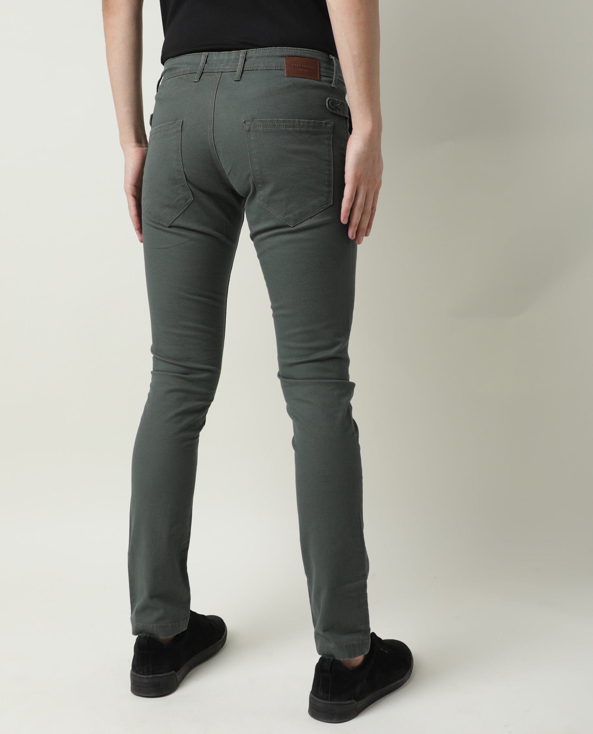 Rare Rabbit Men'S'S Saho Olive Jeans Pant Cotton Lycra Fabric Slim Fit Mid-Rise Waist Zipper Closure