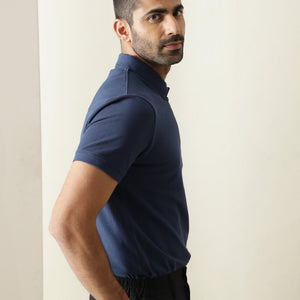 Rare Rabbit Men's Silas Blue Cotton Fabric Snap Button And Zipper Closure Collared Neck Half Sleeve Polo T-Shirt