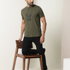 Rare Rabbit Men's Stud Olive Cotton Fabric Crew Neck Half Sleeves Regular Fit Graphic Printed Logo T-Shirt
