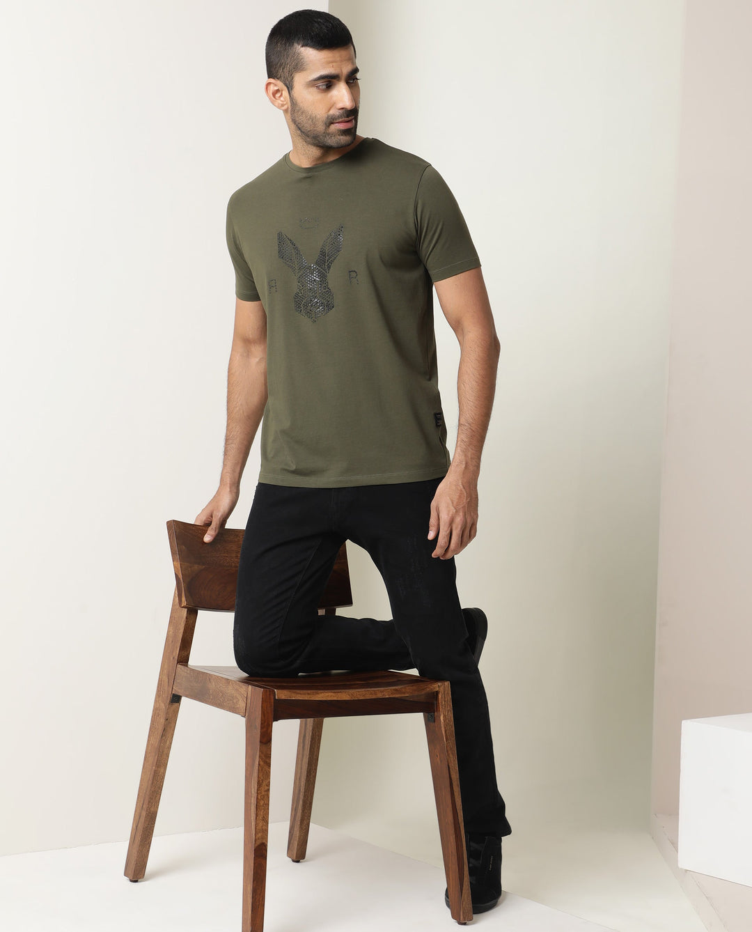 Rare Rabbit Men's Stud Olive Cotton Fabric Crew Neck Half Sleeves Regular Fit Graphic Printed Logo T-Shirt