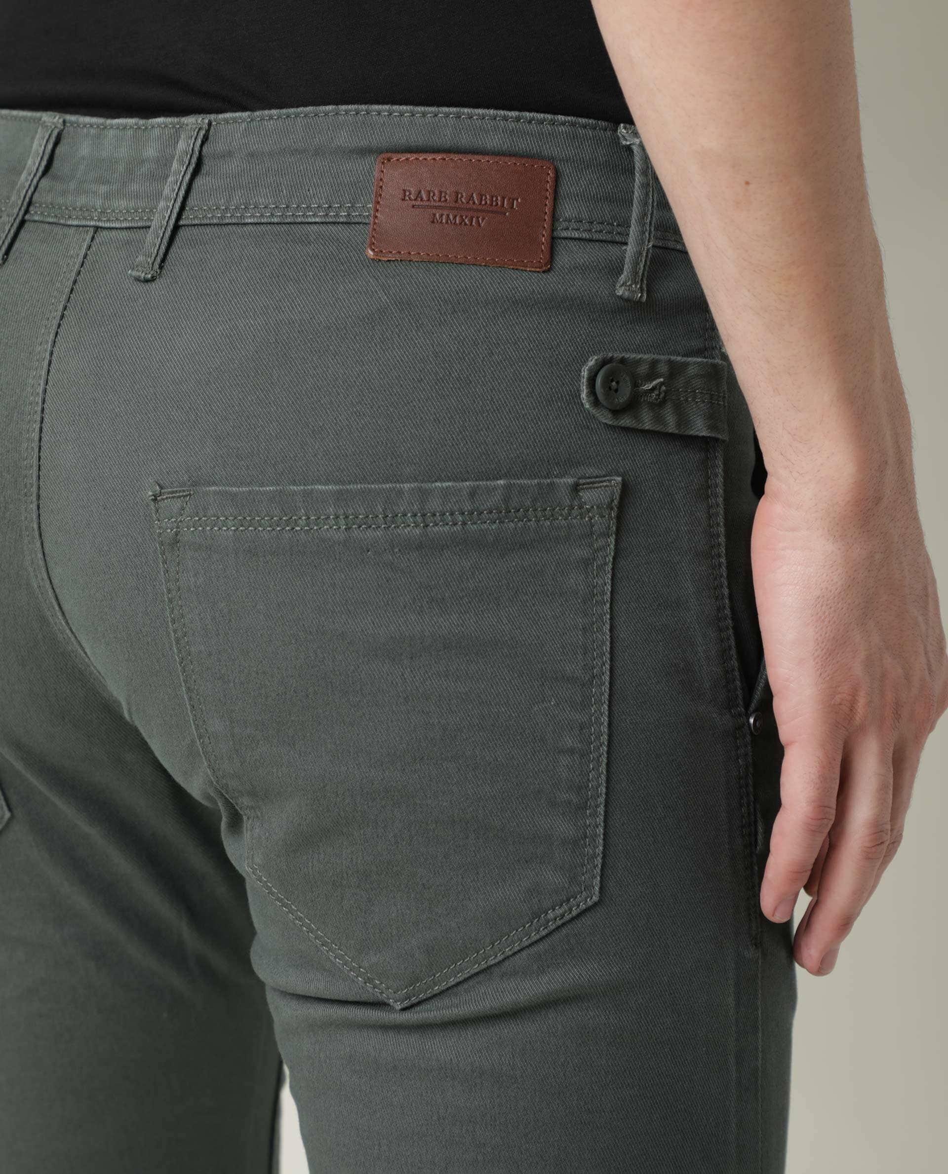 Rare Rabbit Men'S'S Saho Olive Jeans Pant Cotton Lycra Fabric Slim Fit Mid-Rise Waist Zipper Closure