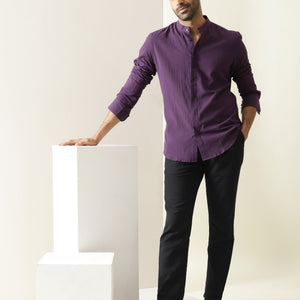 Rare Rabbit Men's Crinckle Purple Cotton Fabric Mandarin Collar Full Sleeves Solid Shirt
