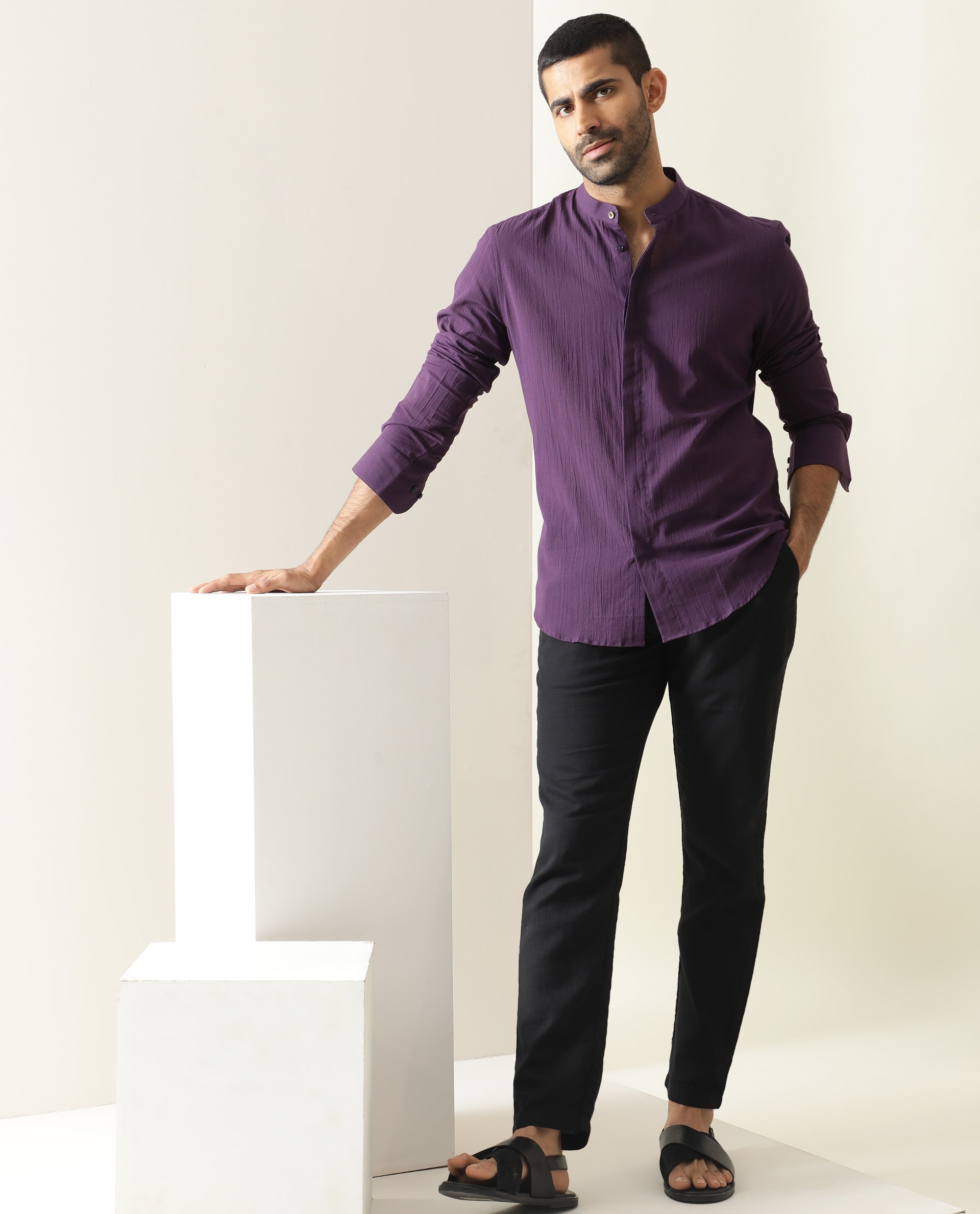 Rare Rabbit Men's Crinckle Purple Cotton Fabric Mandarin Collar Full Sleeves Solid Shirt