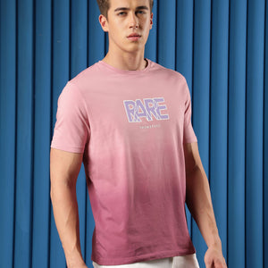 Rare Rabbit Men's Albury Pink Cotton Lycra Fabric Crew Neck Half Sleeves Regular Fit Graphic Print Branding Ombre T-Shirt