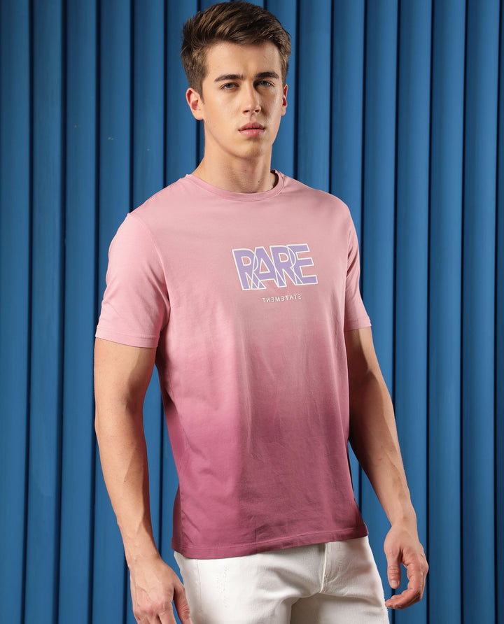 Rare Rabbit Men's Albury Pink Cotton Lycra Fabric Crew Neck Half Sleeves Regular Fit Graphic Print Branding Ombre T-Shirt