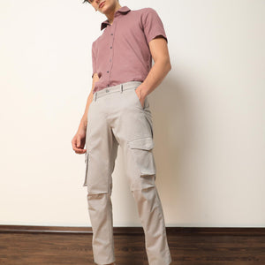Rare Rabbit Men's Celu Grey Solid Mid-Rise Cargo Style Slim-Fit Trouser