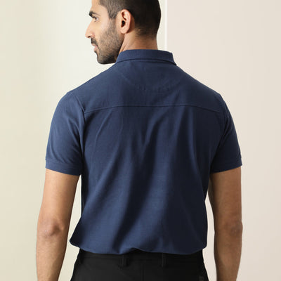 Rare Rabbit Men's Silas Blue Cotton Fabric Snap Button And Zipper Closure Collared Neck Half Sleeve Polo T-Shirt