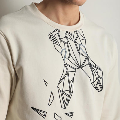 Rare Rabbit Mens Oakk Off White Full Sleeves Crew Neck Graphic Logo Print Sweatshirt