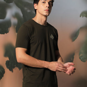 Rare Rabbit Men's Royd Olive Cotton Lycra Fabric Crew Neck Half Sleeves Regular Fit Graphic Print Branding and Logo T-Shirt