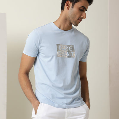 Rare Rabbit Men's Seal Pastel Blue Cotton Lycra Fabric Crew Neck Half Sleeves Regular Fit Foil HD Print T-Shirt