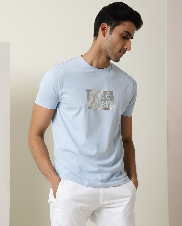 Rare Rabbit Men's Seal Pastel Blue Cotton Lycra Fabric Crew Neck Half Sleeves Regular Fit Foil HD Print T-Shirt