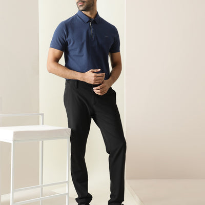 Rare Rabbit Men's Silas Blue Cotton Fabric Snap Button And Zipper Closure Collared Neck Half Sleeve Polo T-Shirt