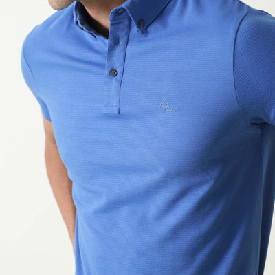 Rare Rabbit Men's Sailor-2 Blue Cotton Fabric Collared Neck Half Sleeves Self Stripe Polo T-Shirt