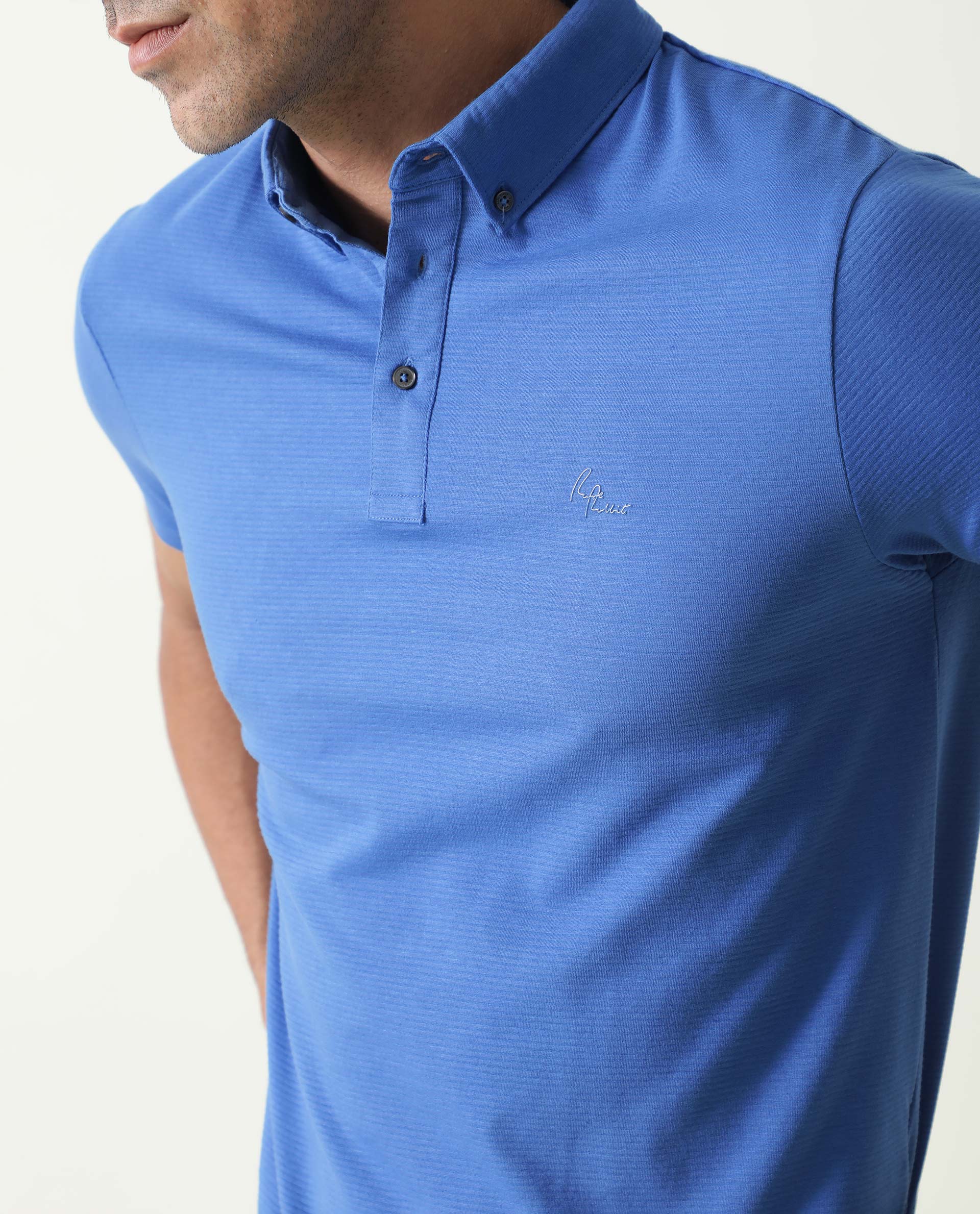 Rare Rabbit Men's Sailor-2 Blue Cotton Fabric Collared Neck Half Sleeves Self Stripe Polo T-Shirt